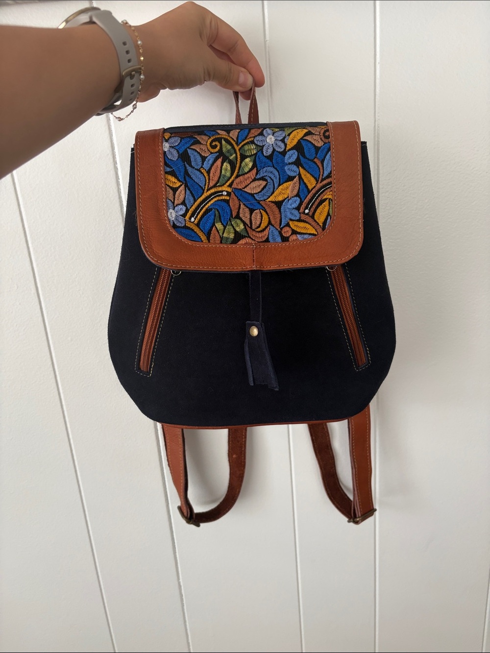 Ecuador Embroidered Floral Suede Backpack with Leather Trim - Blue & Brown